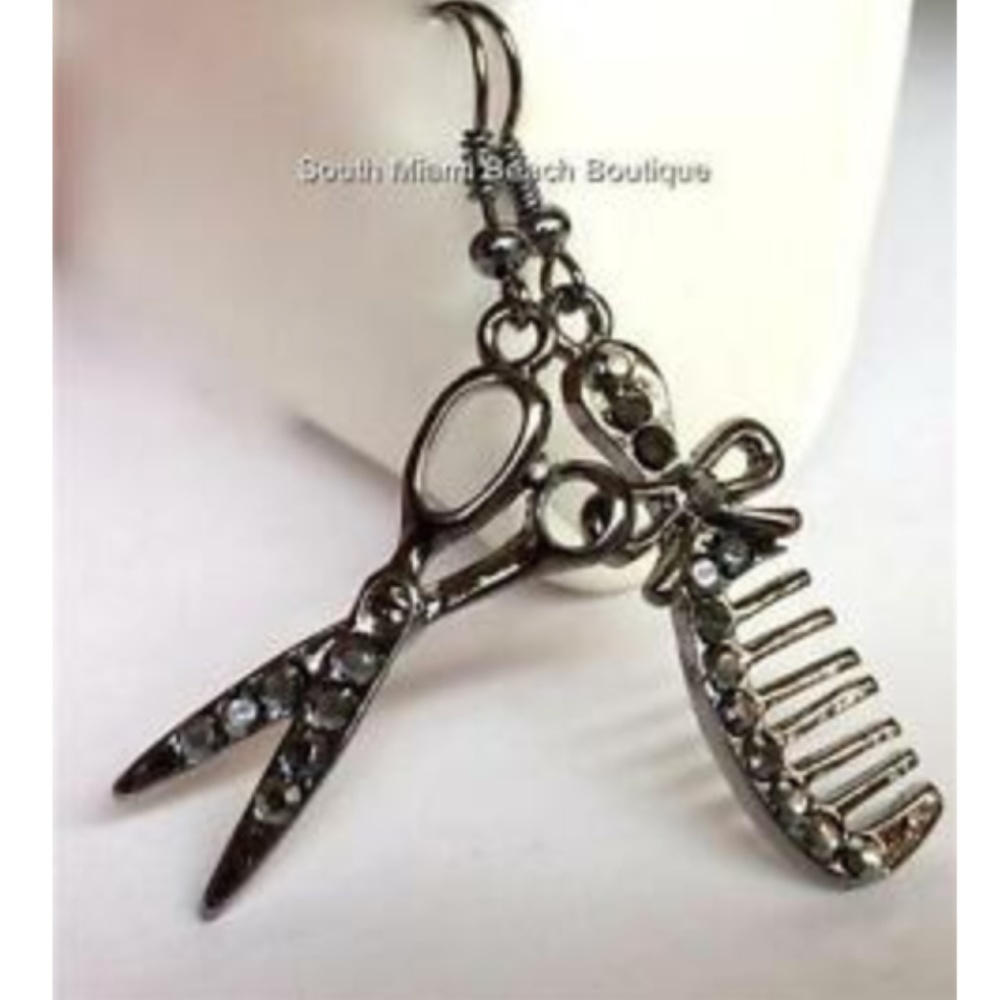 Silver Crystal Hair Stylist Earrings Comb Scissors
